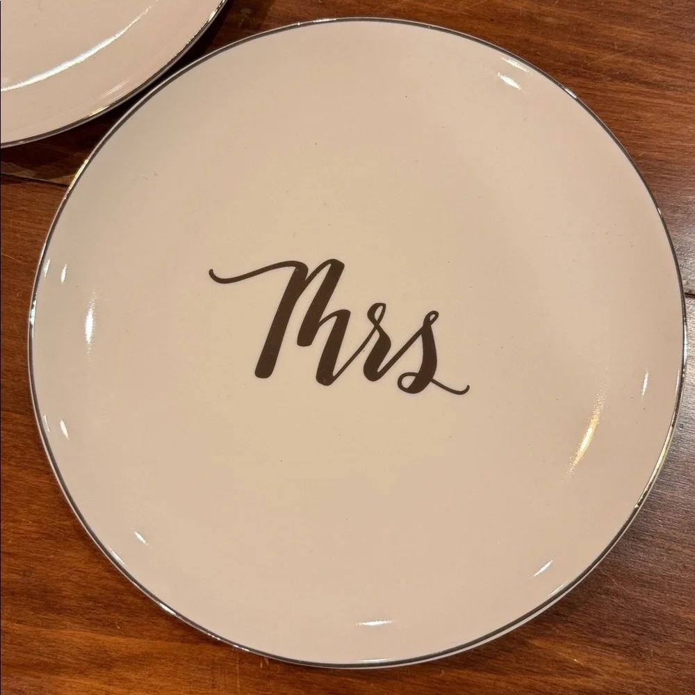 NWT Crate&Barrel Mr. Mrs. 8” Plate Set of 2 Wedding Cake Anniversary Bridal NEW